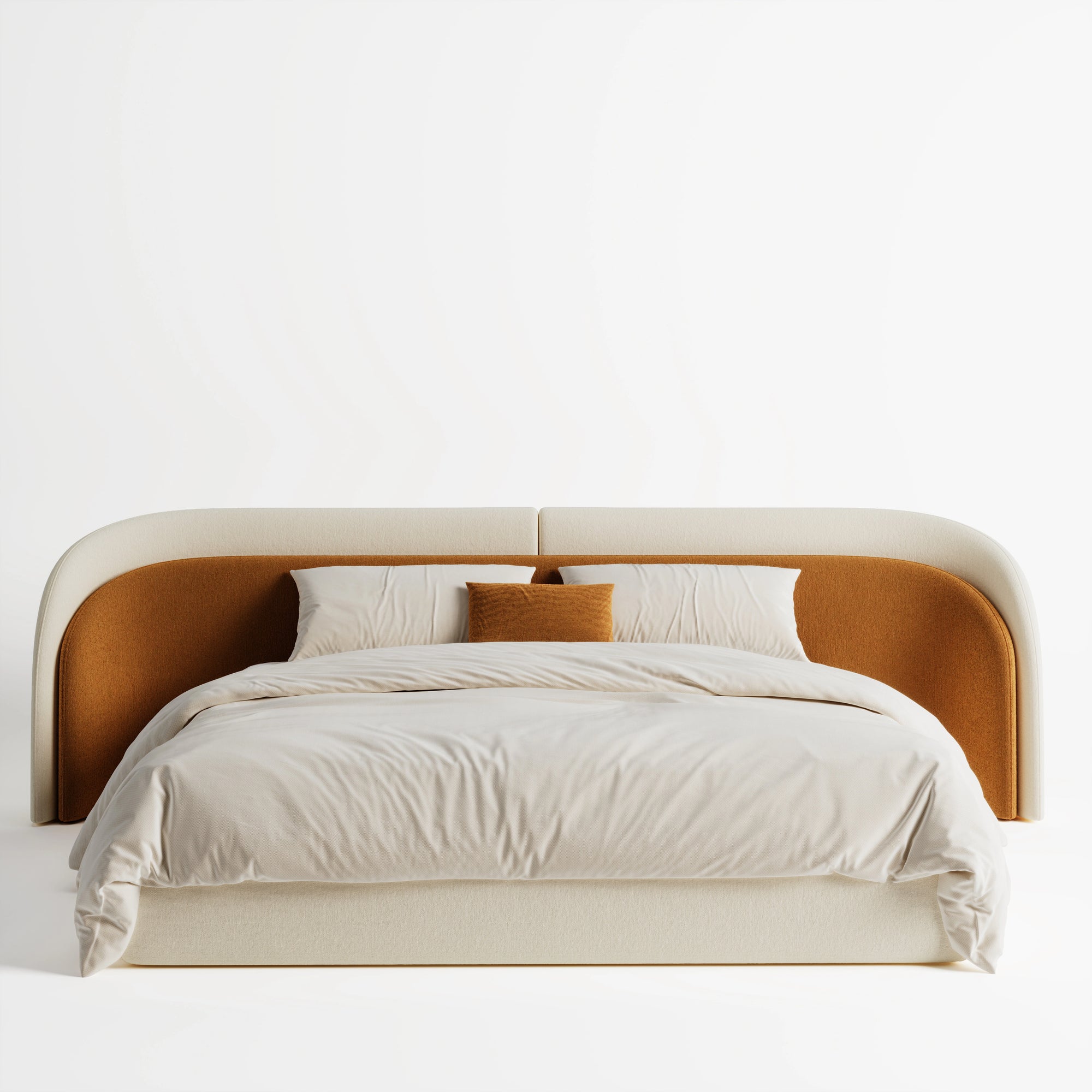 Cove master bed with a rounded upholstered headboard