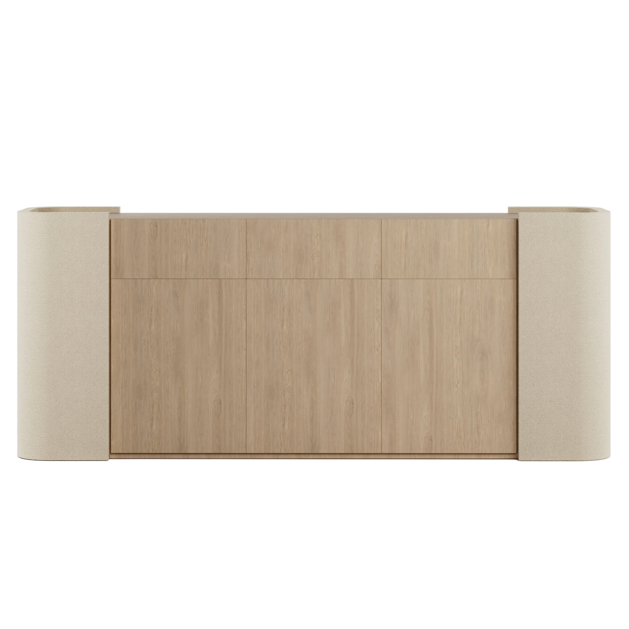 Cove sideboard in a light wood finish with upholstered outer panels