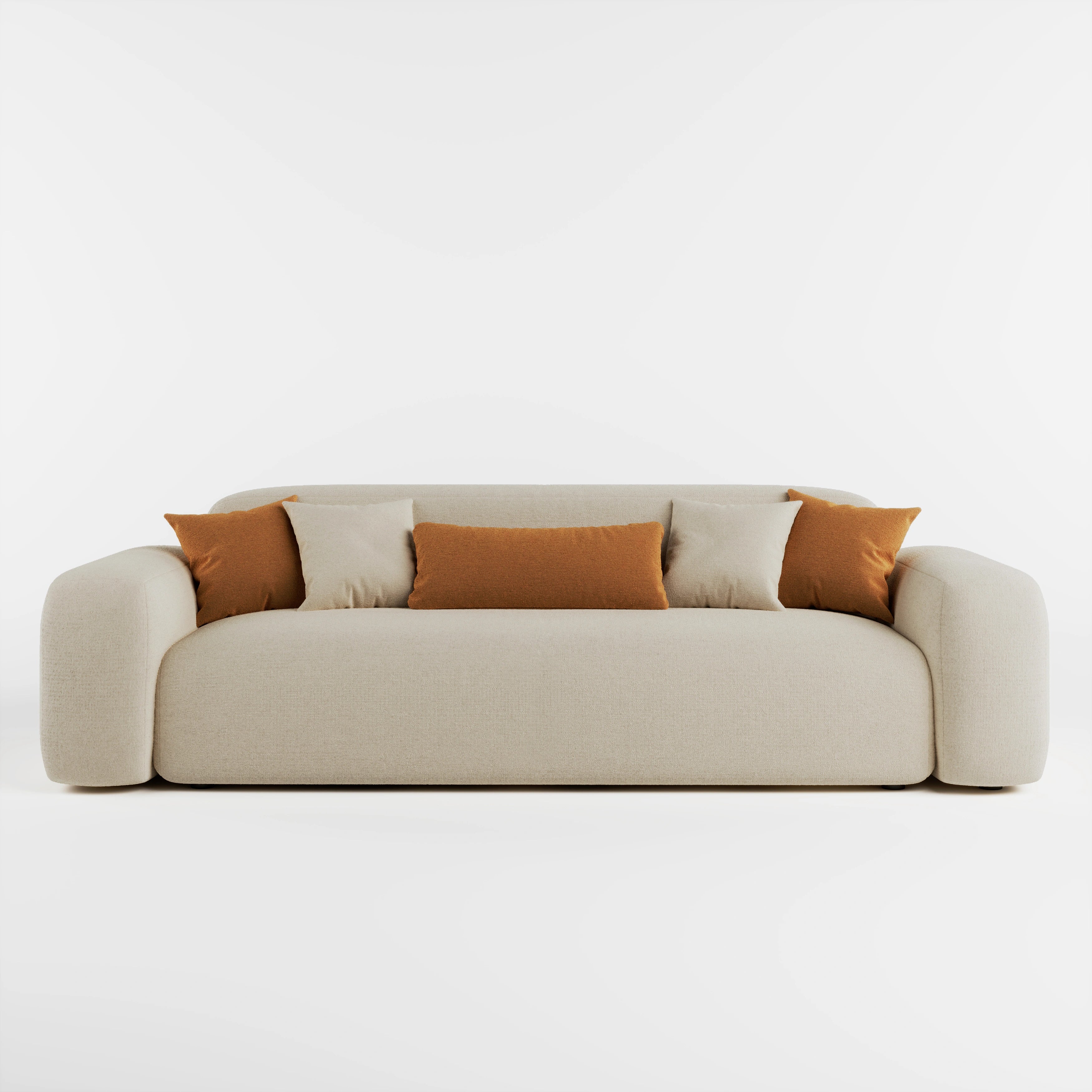 Cove 3 seater sofa in beige fabric with accent cushions, front view