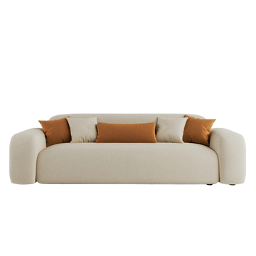 Cove 3 seater sofa in beige fabric with accent cushions, front view
