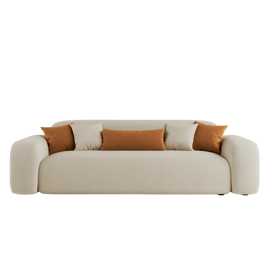 Cove 3 seater sofa in beige fabric with accent cushions, front view