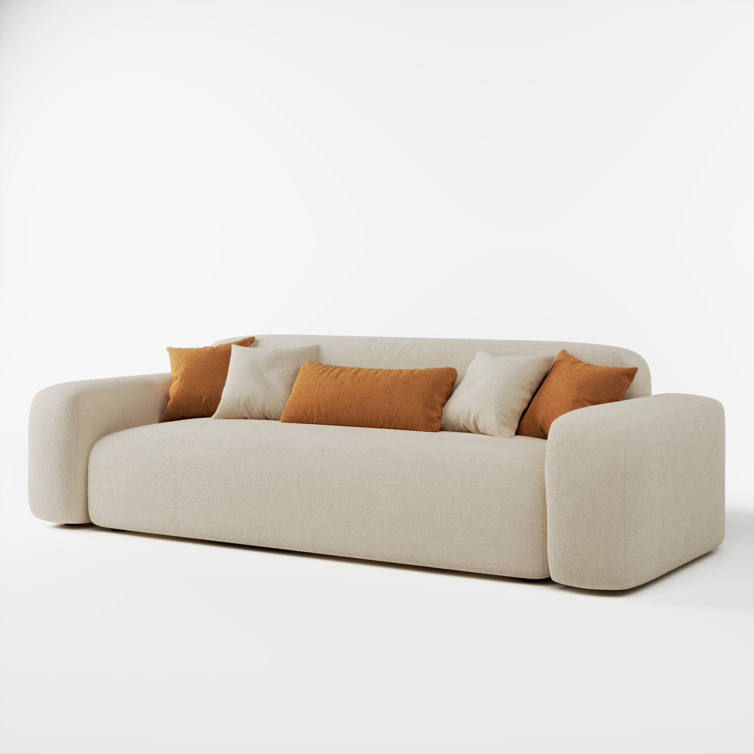 Cove 3 seater sofa in beige fabric with accent cushions, angled front view