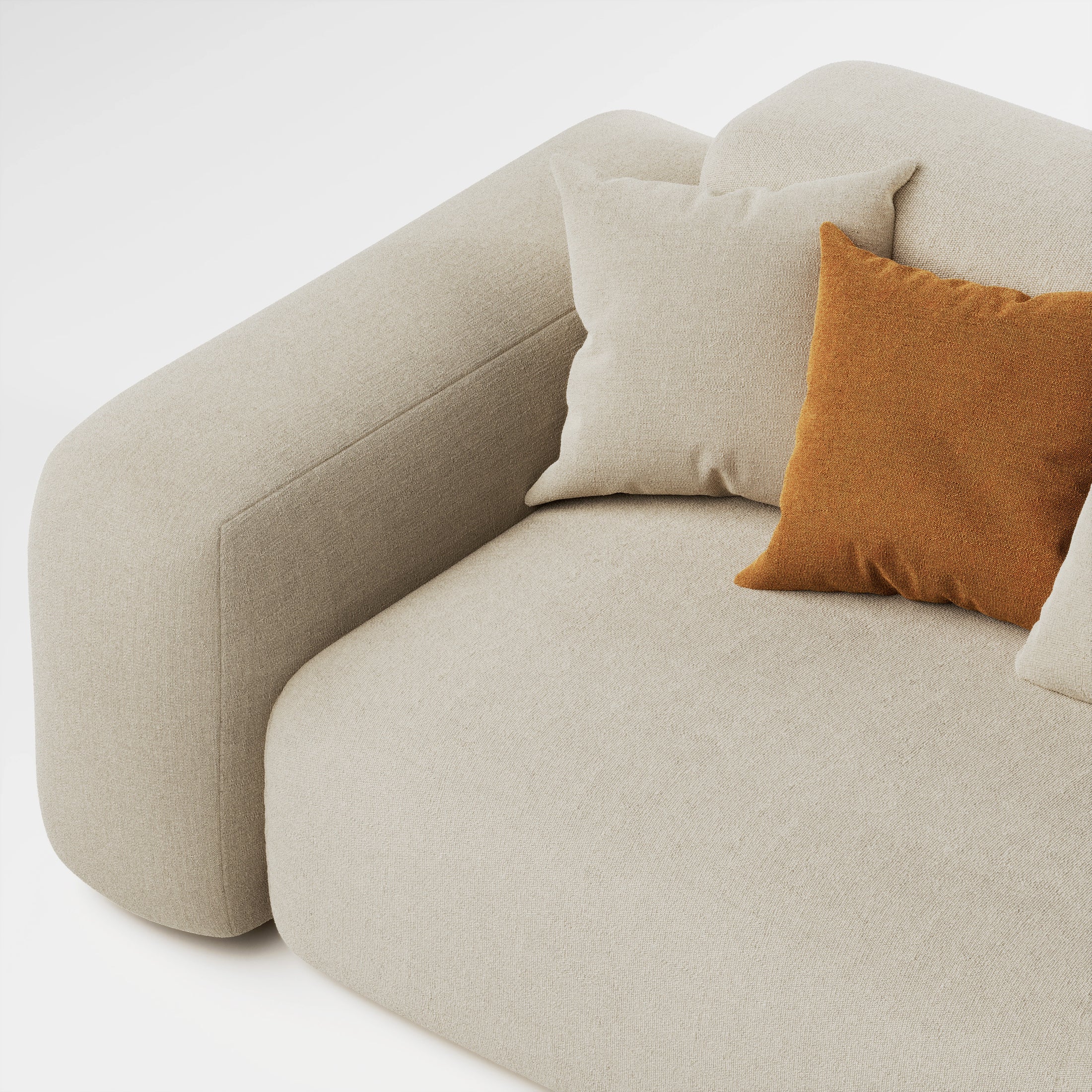 Close up of Cove 3 seater sofa in beige fabric showing opposite armrest, seat, and cushions