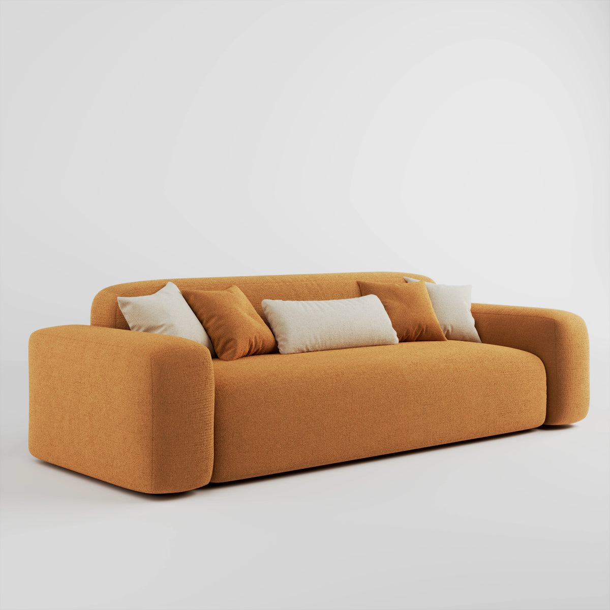 Cove 3 seater sofa in amber fabric with accent cushions, angled front view from opposite side