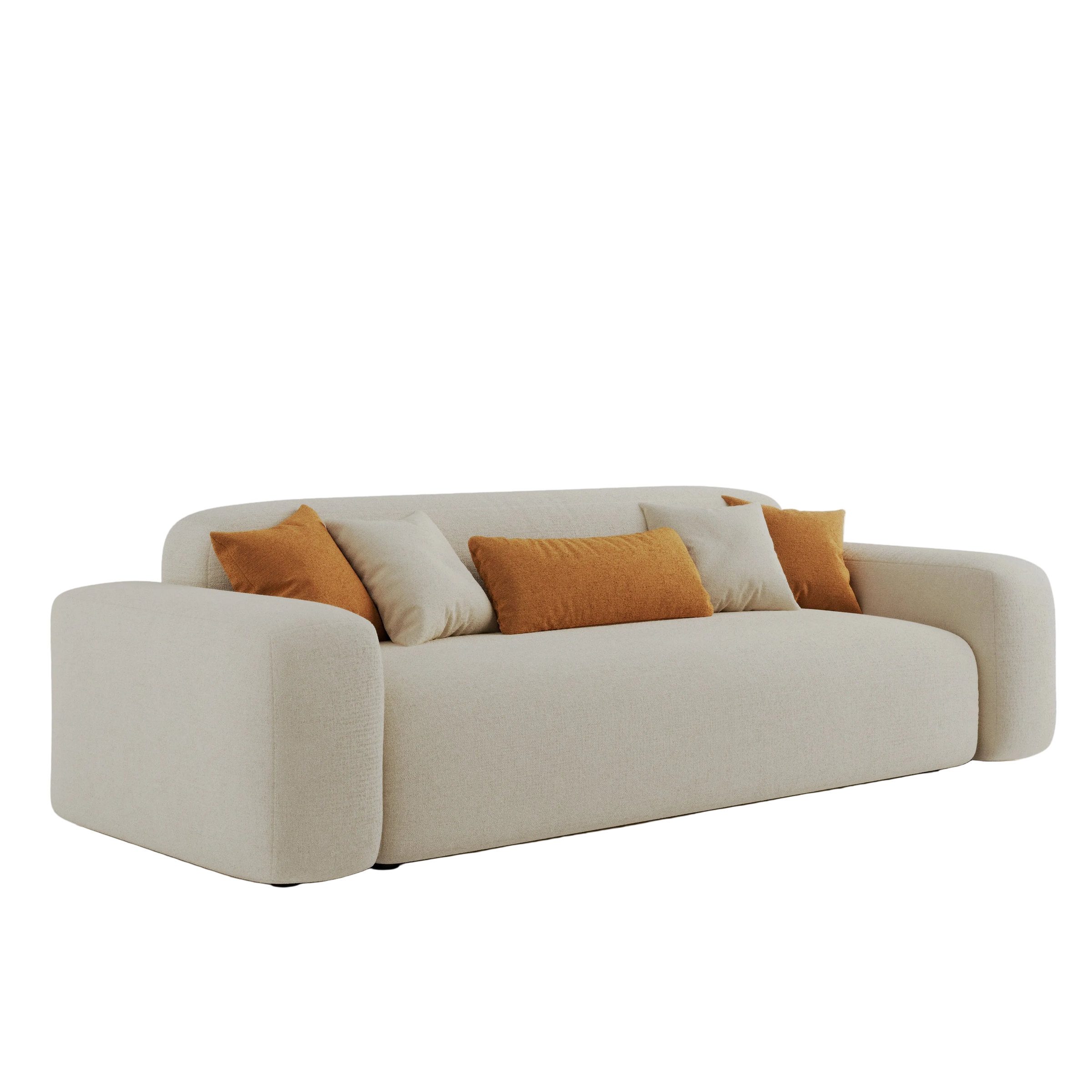 Cove 3 seater sofa in beige fabric with accent cushions, angled front view from opposite side