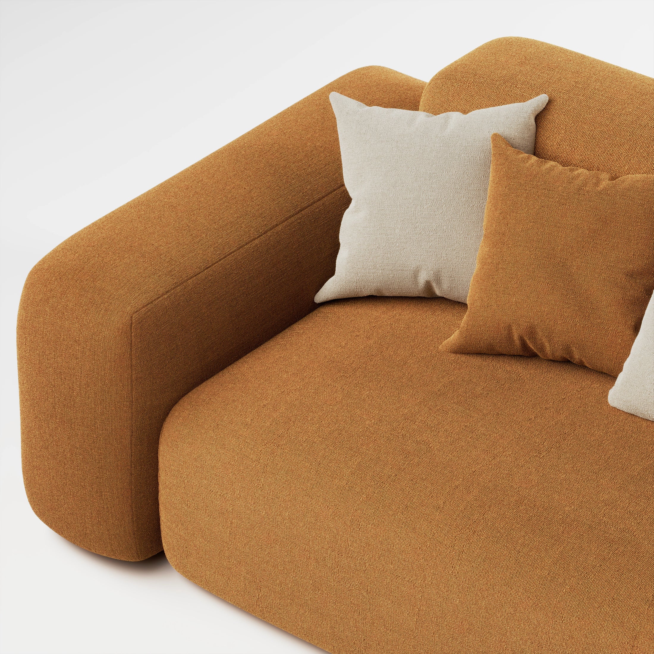 Close up of Cove 3 seater sofa in amber fabric showing opposite armrest, seat, and cushions
