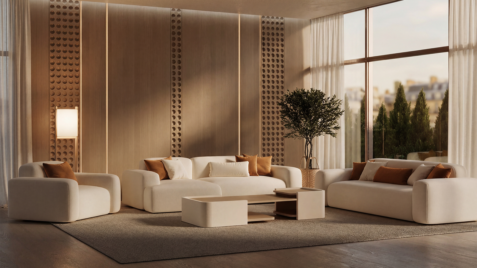 A furnished Povellea living room with clear floor space around the pieces