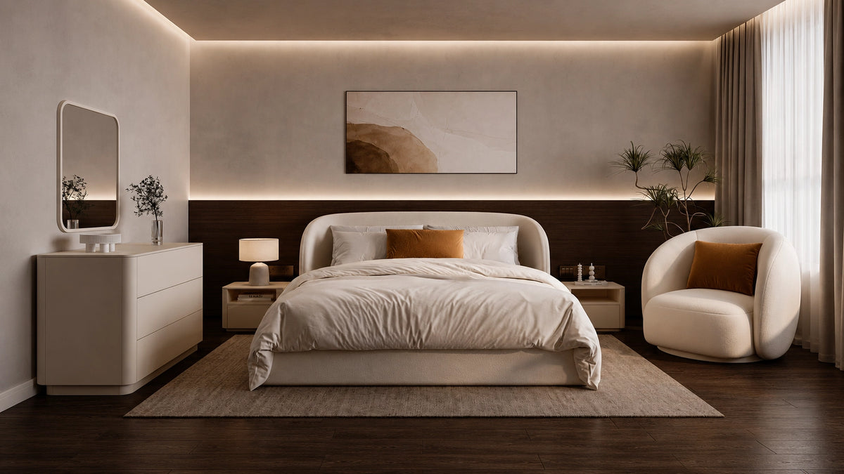 Povellea living room with cohesive sofa, lighting and accessories